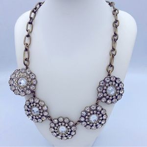J Crew Designer Gold/Brass Tone Link Necklace With Crystal Flower Medallions